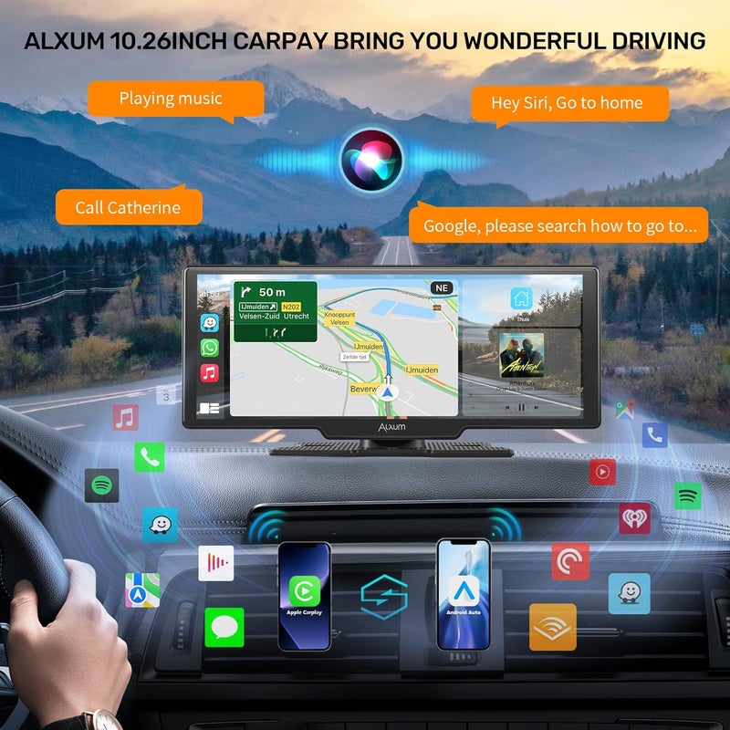 ALXUM شاشة آبل كار بلاي اللاسلكية للسيارة، 10.26" شاشة تعمل باللمس عالية الدقة، ستيريو سيارة محمول مع أندرويد أوتو، كاميرا خلفية، ربط مرآة، نظام ملاحة GPS، تحكم صوتي، AUX - متوافق مع جميع المركبات - Image 5